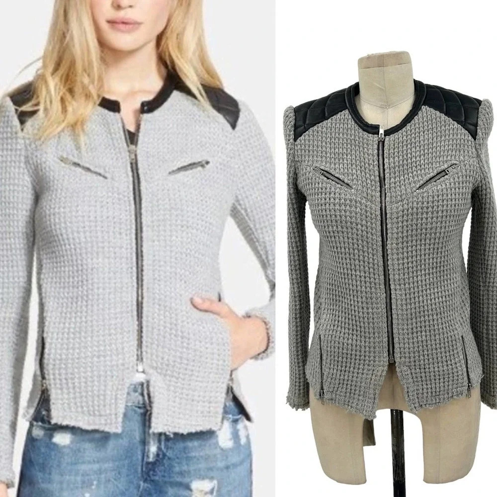 IRO Ceylona Blazer Jacket Leather Trimmed Gray Size 38 US 6